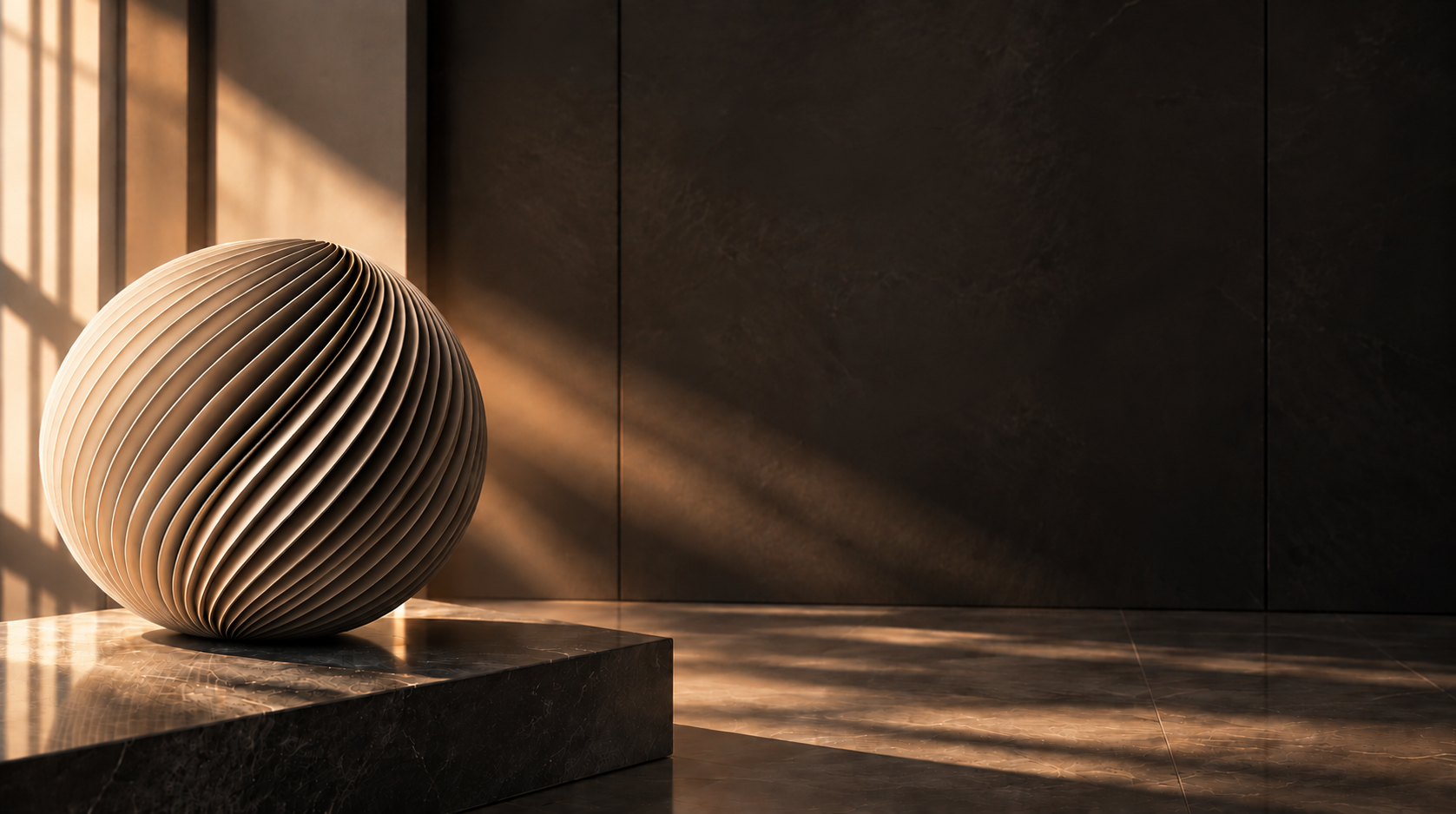 Architectural ribbed sphere sculpture in a cinematic dark interior — Royal Pacific Group Services